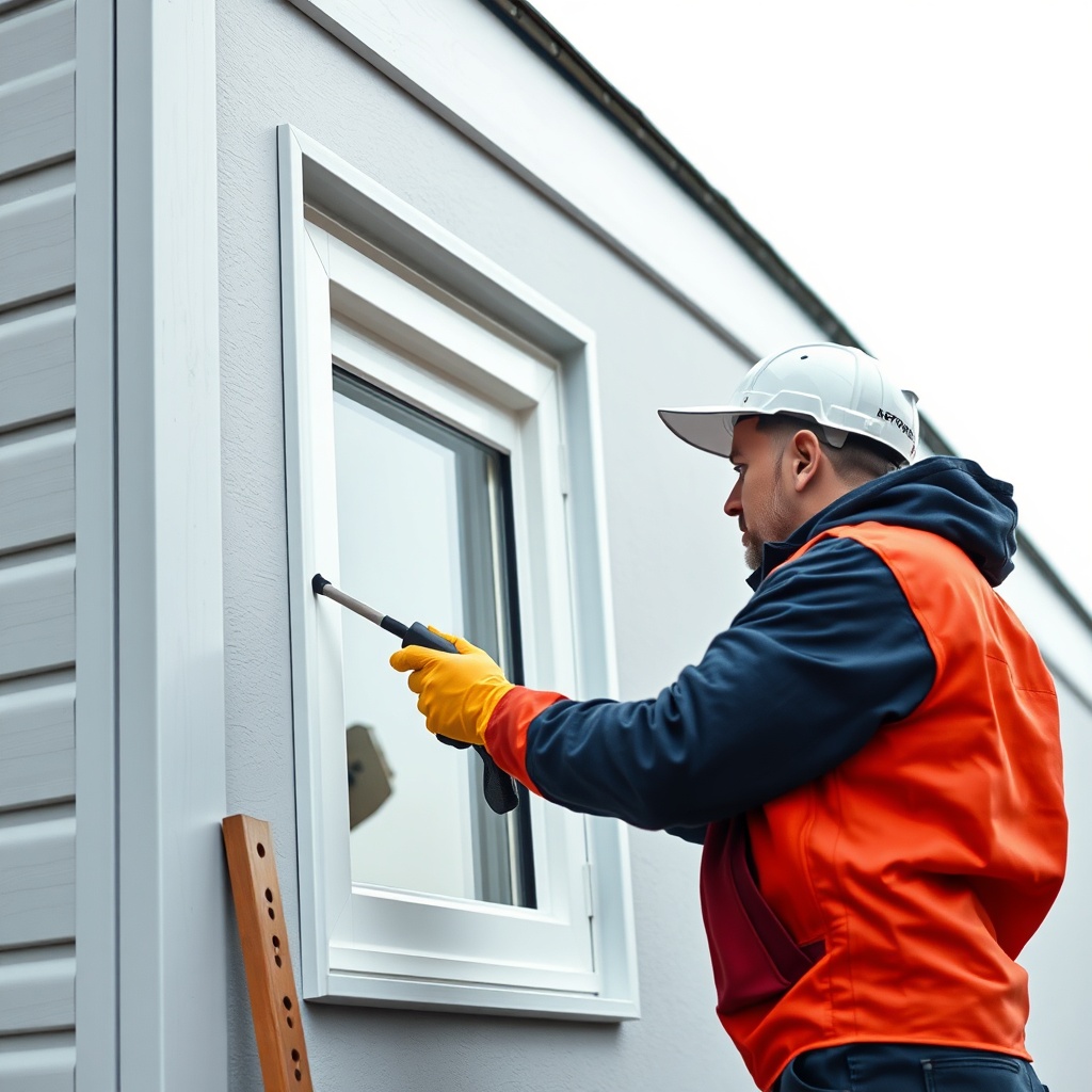 clean photorealistic photo/illustration showing a technician checking the roof edge and wi