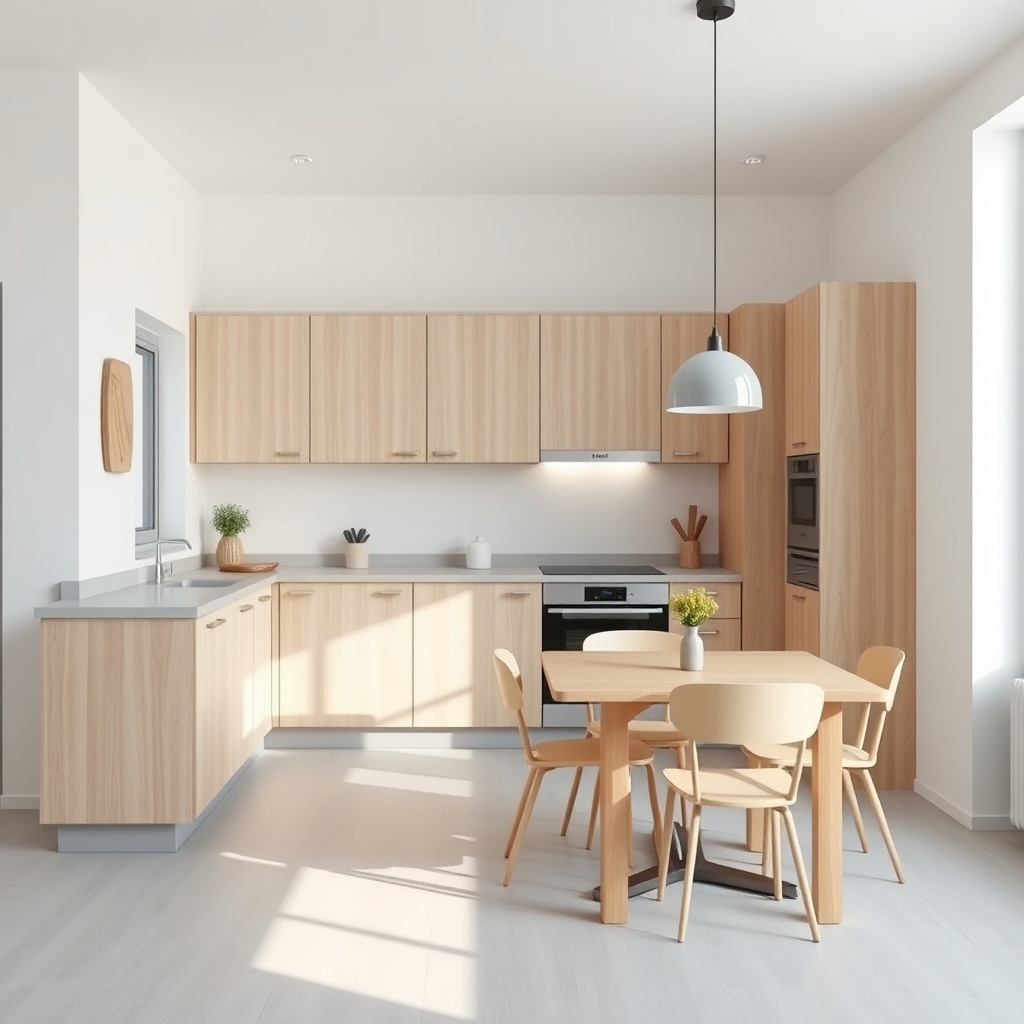 A clean photorealistic photo of a Karmod 72m2 prefabrik ev kitchen with an open layout