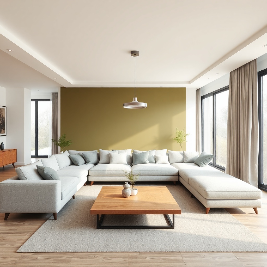 <A open-plan living room with a modular L-shaped sofa in light gray