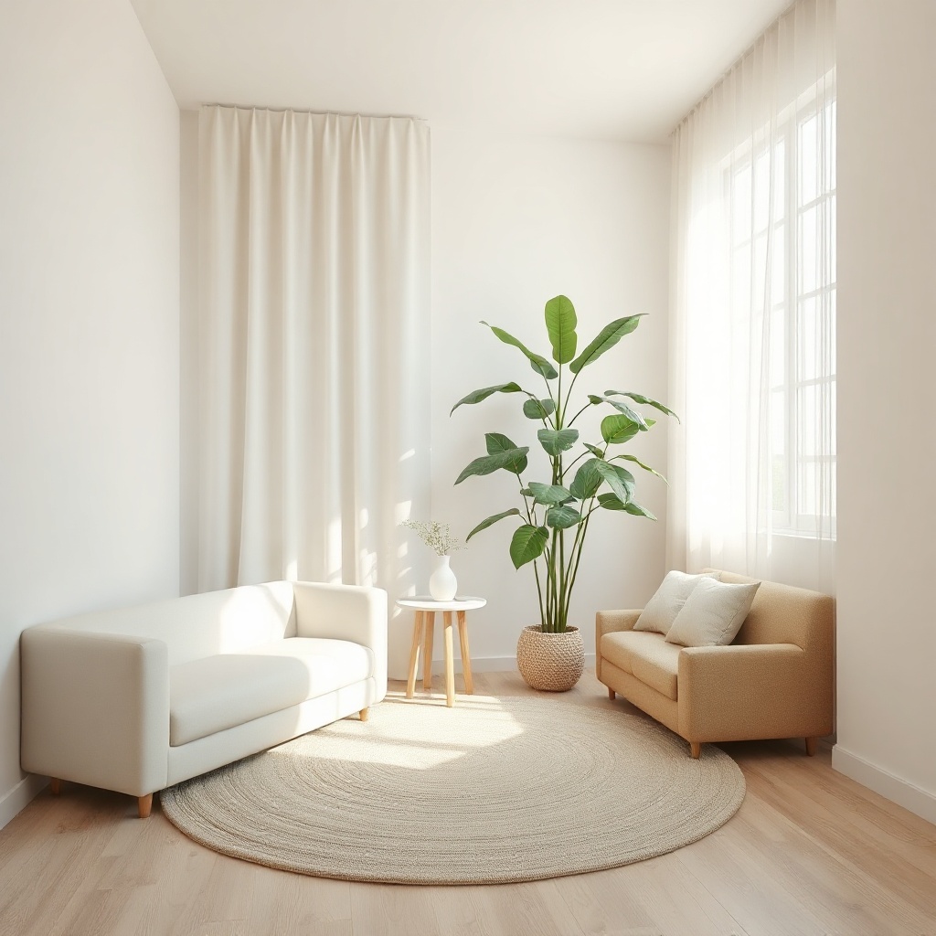A clean photorealistic photo of a small living room with a round rug