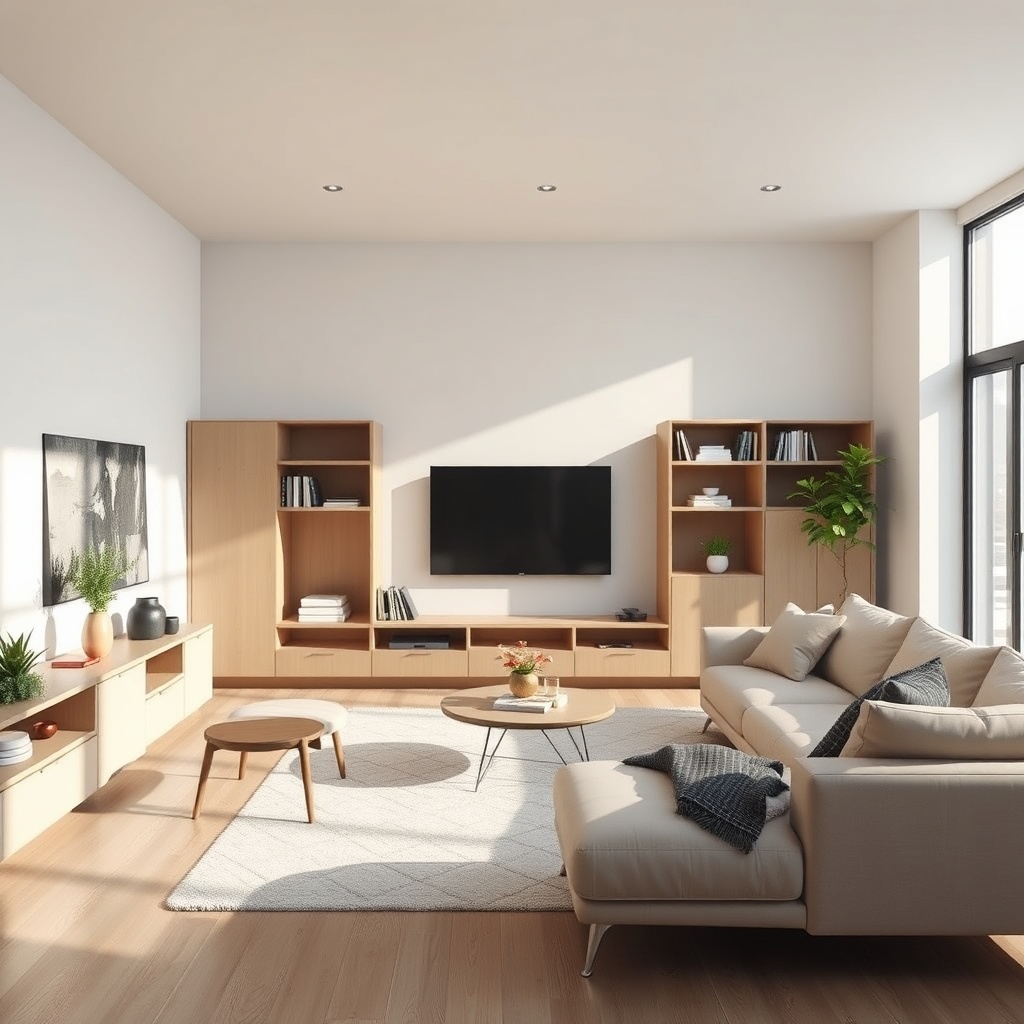 <clean photorealistic photo of a modern Karmod 72m2 living room with modular furniture and
