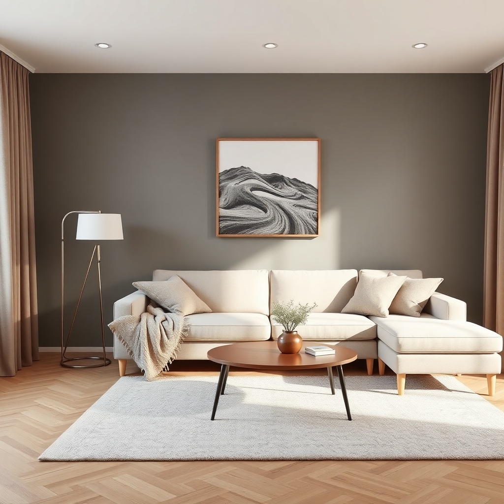 <clean photorealistic photo of a cozy Karmod 72m2 living room with a sofa