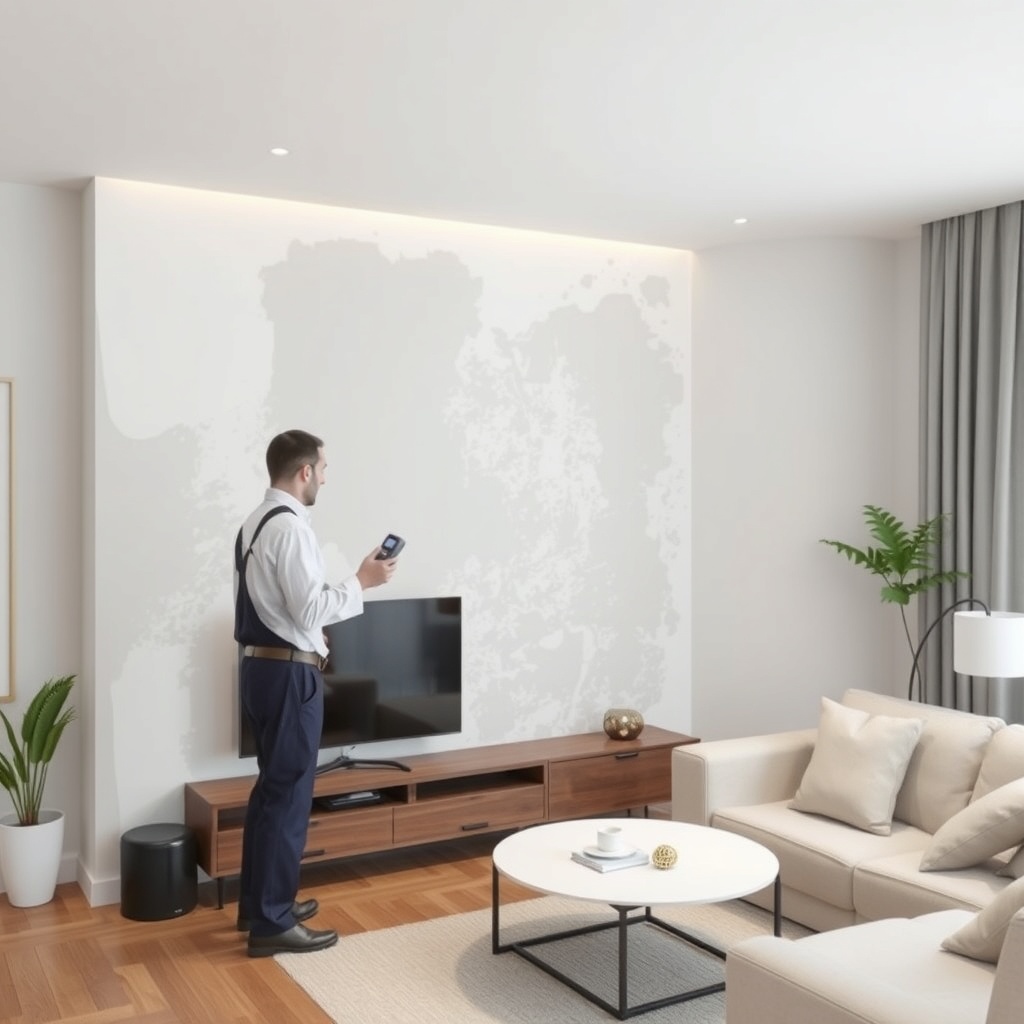 A photorealistic interior shot showing a Modilo 45m2 living room wall being inspected for