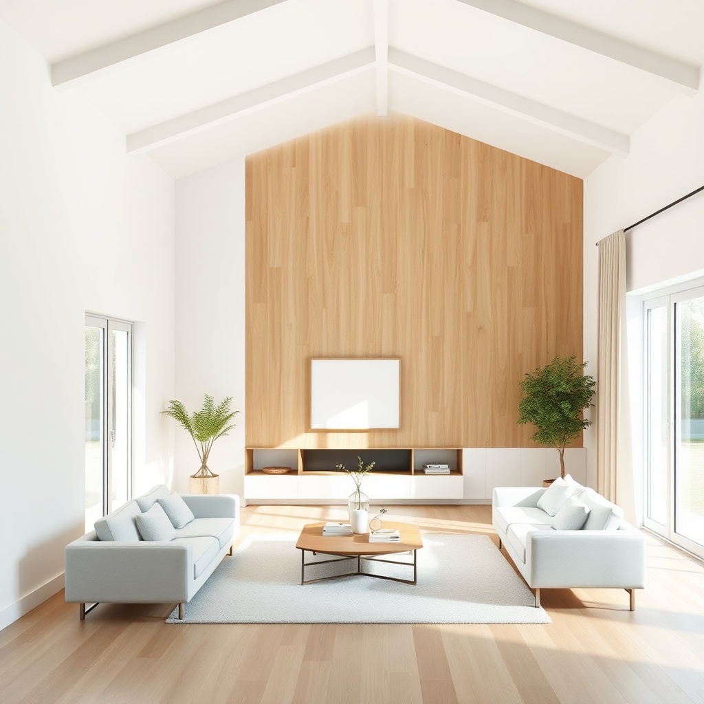 clean photorealistic photo of a bright and airy prefab living room with high ceilings