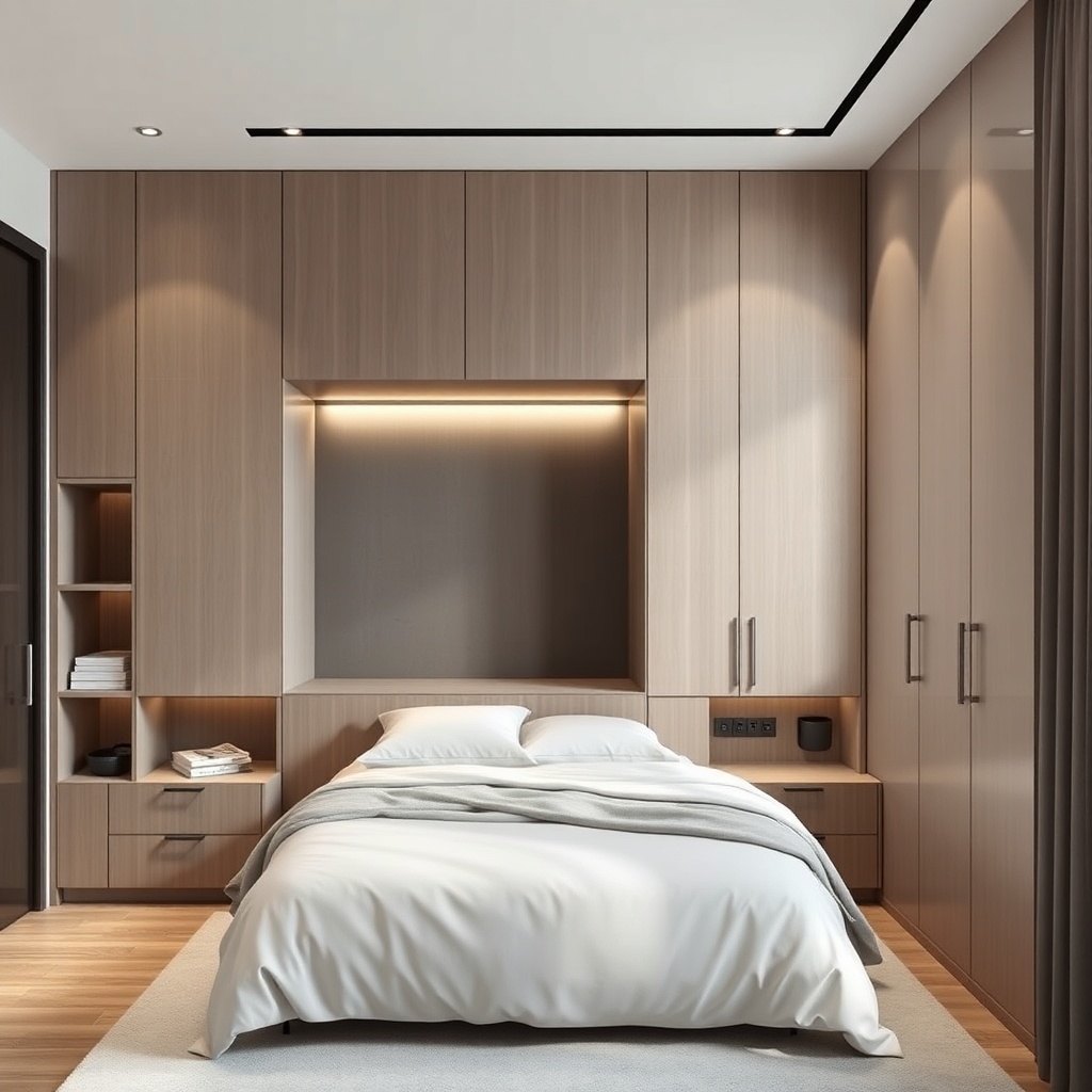 clean photorealistic photo of a modern compact bedroom with built-in storage