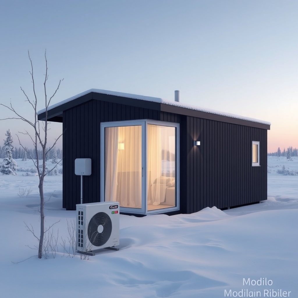 A photorealistic photo of a Modilo 45m2 prefabrik ev in a snowy winter landscape
