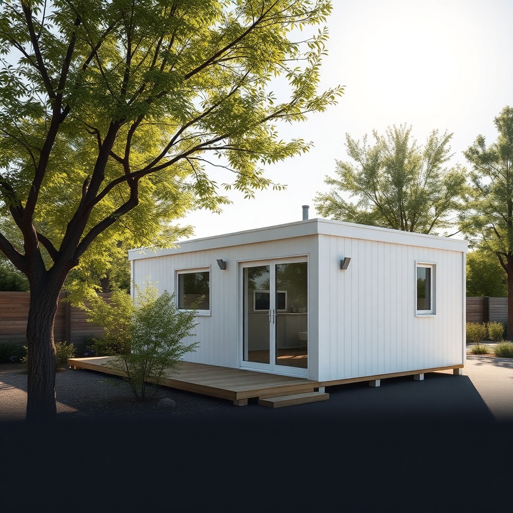 A clean photorealistic photo of Modilo Prefabrik Ev 45m2 exterior on a sunny summer day