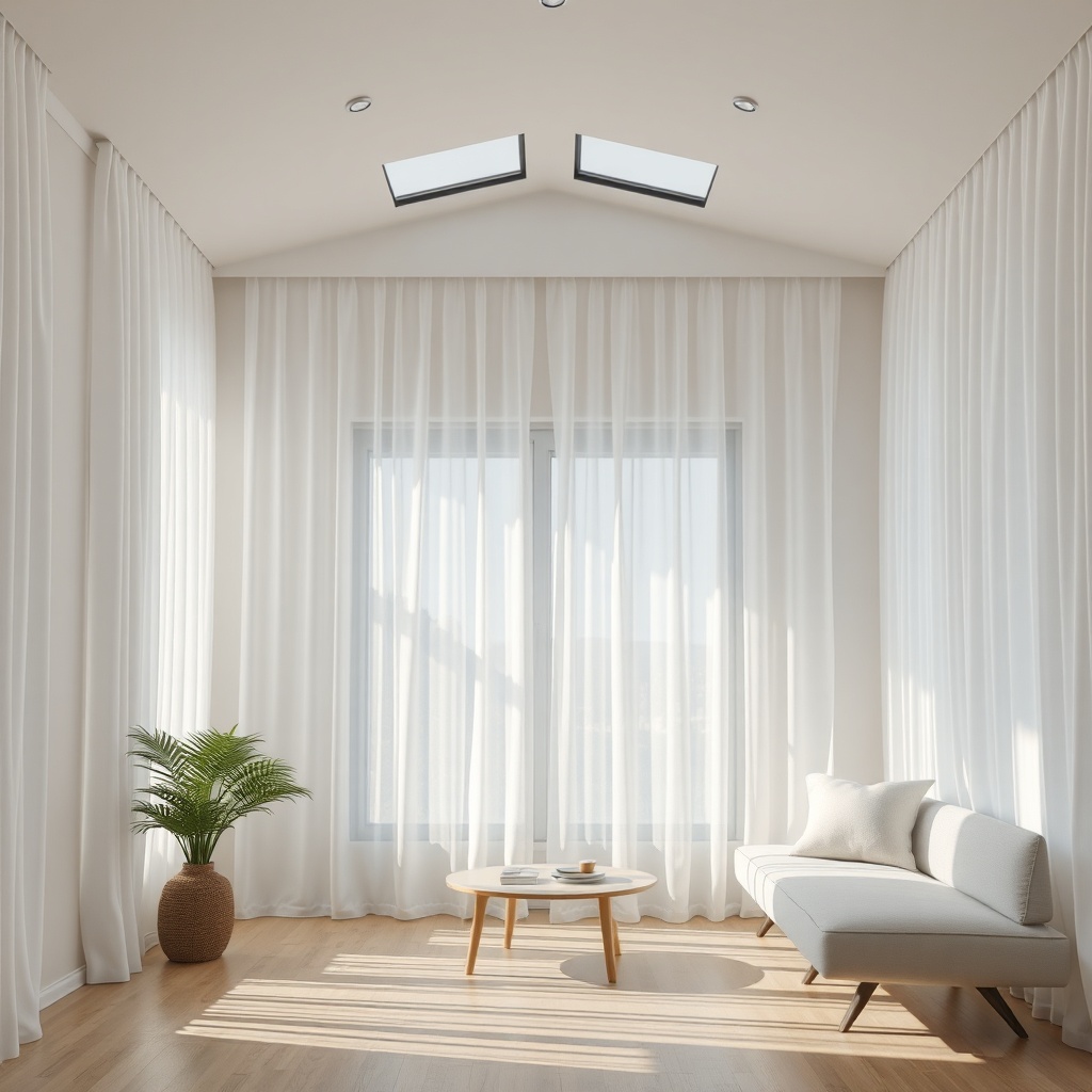 A clean photorealistic photo of a Modilo 45m2 interior with white curtains and natural ven